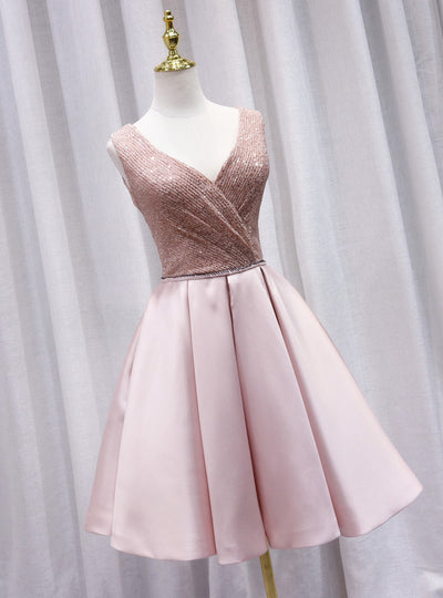 Pink Satin Sequins V-neck Homecoming Dress