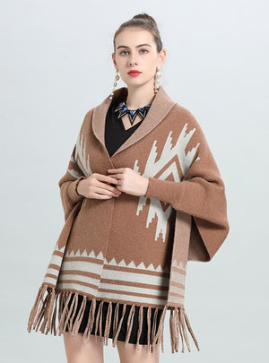 Striped Fringe Bat Sleeve Cardigan Shawl