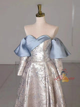Long Sleeve Print Off the Shoulder Bow Prom Dress
