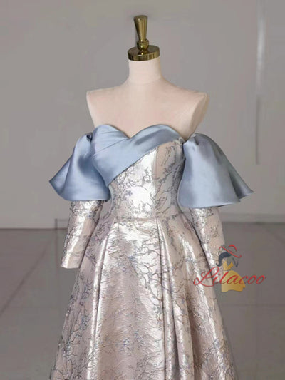 Long Sleeve Print Off the Shoulder Bow Prom Dress