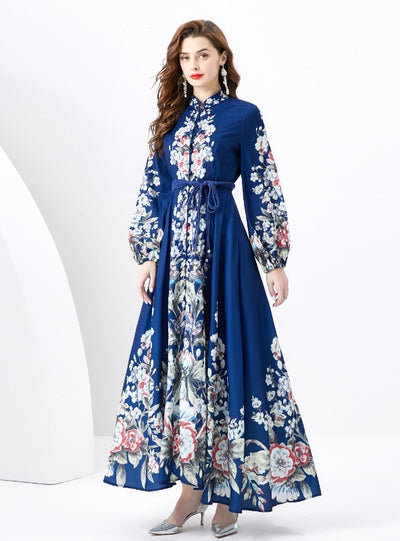 Retro Long-sleeved Stand-up Collar Printed Dress