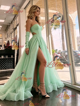 Green Tulle Strapless Split Prom Dress