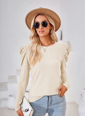 Round Neck Loose Pleated Long Sleeve T-shirt
