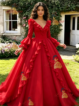 Red V-neck Long Sleeve Quinceanera Dress