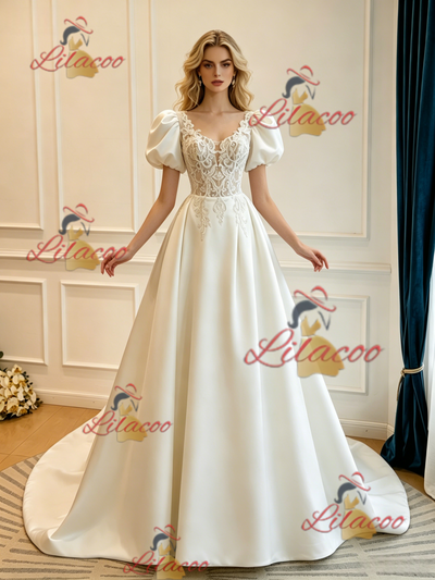Beige White Satin Appliques Puff Sleeve Wedding Dress