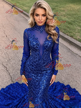 Blue Mermaid Sequins Long Sleeve Prom Dress