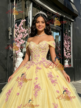 Yellow Tulle Off the Shoulder Appliques Quinceanera Dress