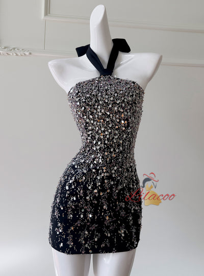 Black Halter Sequins Beading Prom Dress