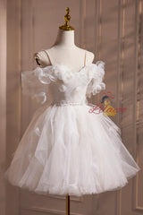 White Spaghetti Strap Tulle 3D Flower Homecoming Dress