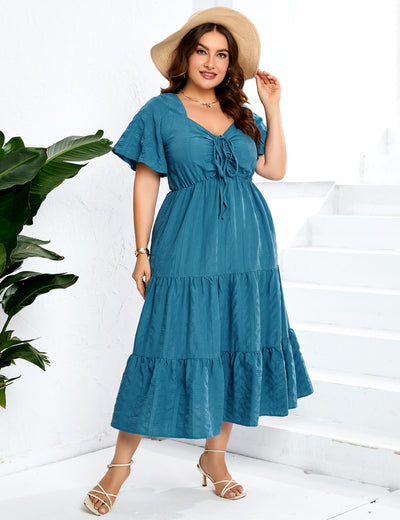 Large Size V-neck High Waist Short Sleeve Dress