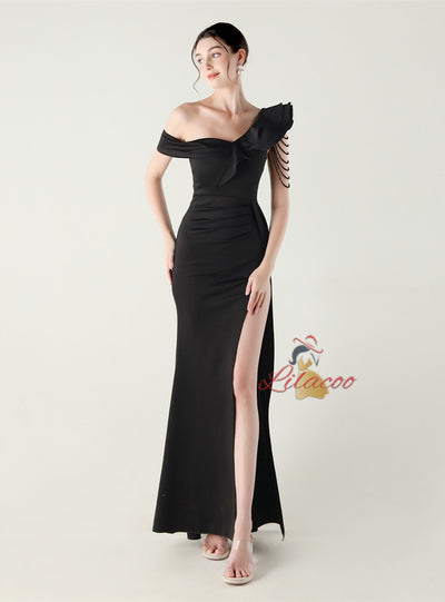 Mermaid One Shoulder Beading Split Prom Dress
