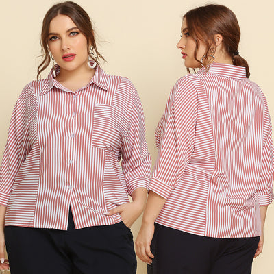 Striped Long Sleeve Lapel Pocket Ladies Shirt
