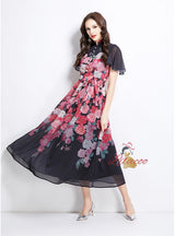 Pearl-breasted Slim Printed Chiffon Dress