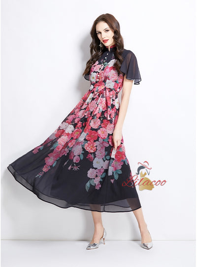 Pearl-breasted Slim Printed Chiffon Dress