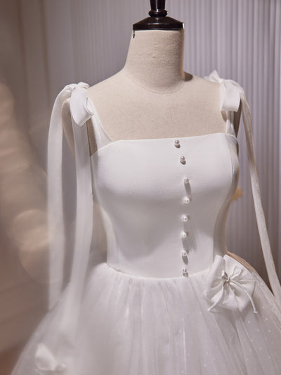 White Tulle Pearls Bow Homecoming Dress