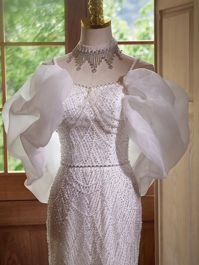 White Mermaid Sequins Spaghetti Straps Wedding Dress