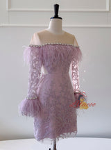 Purple Long Sleeve Lace Beading Short Prom Dress