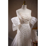 White Mermaid Sequins Pearls Wedding Dress