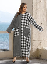 V-neck Plaid Stitching Pocket Loose Long Sleeve Dress