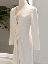 Ivory White Long Sleeve Pleats Wedding Dress