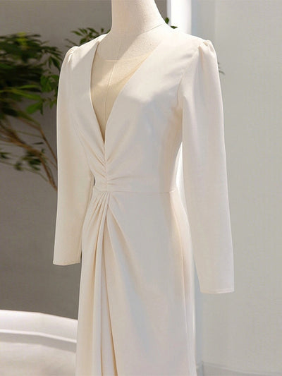 Ivory White Long Sleeve Pleats Wedding Dress