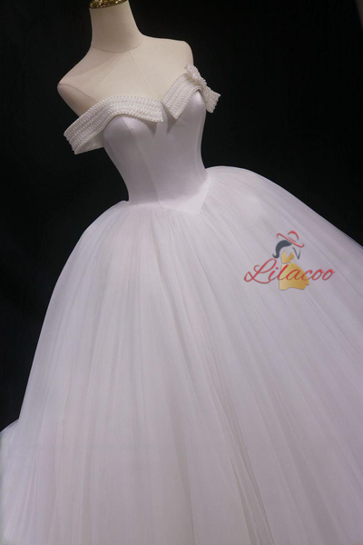 White Tulle Off the Shoulder Pearls Wedding Dress