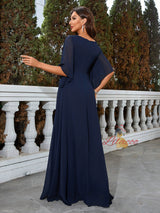Navy Blue Chiffon V-neck Prom Dress