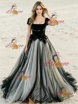 Black Tulle Square Neck Cap Sleeve Wedding Dress
