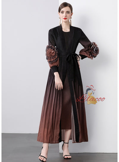 Gradual Disc Flower Lace-up Coat+Joker Straight Dress