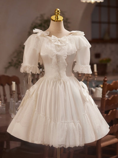 White Satin Lace Short Sleeve Wedding Dress