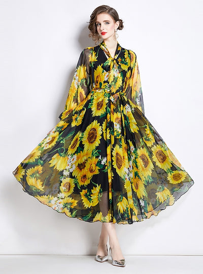 Printed Chiffon Long Sleeve Holiday Beach Dress