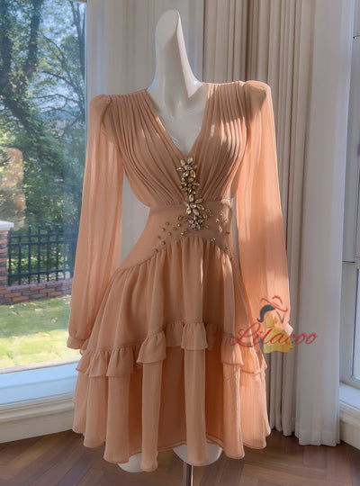 Champagne Long Sleeve V-neck Dress