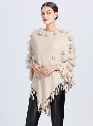 Fringed Fur Ball Round Neck Shawl Cloak