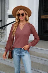 Waffle Lace Stitching Long Sleeve V-neck T-shirt