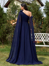 Dark Blue Chiffon One Shoulder Flower Prom Dress