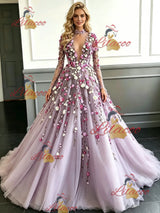 Purple Tulle Long Sleeve Appliques Backless Prom Dress