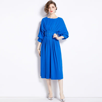 Bat Sleeve High Waist Pleated Dress with Belt