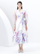 Lantern Sleeves Elegant Swing Print Dress