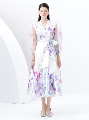 Lantern Sleeves Elegant Swing Print Dress