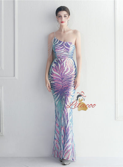 Mermaid Sequins One Shoulder Beading Prom Dress