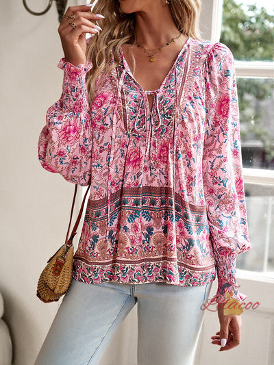 Printed Long-sleeved V-neck Shirt