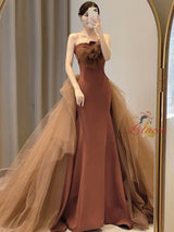 Sexy Caramel Mermaid Tulle Strapless Prom Dress