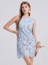 Blue Flower Lace Sleeveless Short Dress