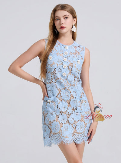Blue Flower Lace Sleeveless Short Dress