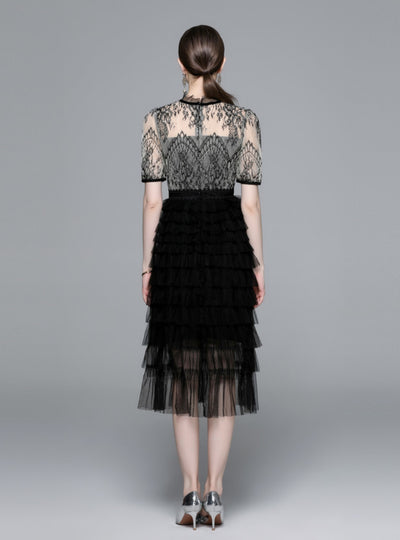 Short-sleeved Bow Lace Gauze Dress