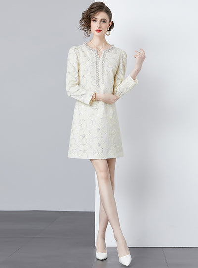 Beaded Round Neck Long Sleeve Dress