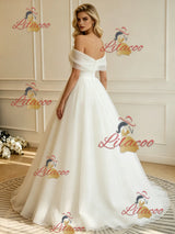 Beige White Tulle Off the Shoulder Wedding Dress