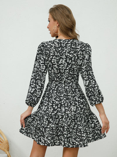 Spliced V-neck Floral Long Sleeve Dress