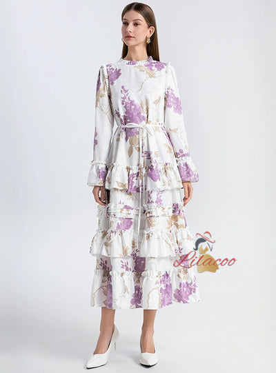 Round Neck Trumpet Long Sleeve Ruffled Dress