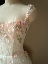 White Tulle Straps 3D Flower Tea Length Prom Dress